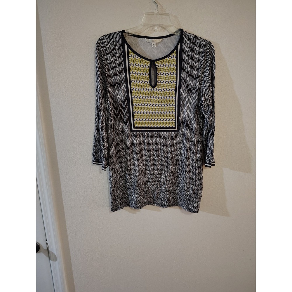Sophie Max Geometric Chevron Keyhole Tunic Top Black White Yellow Medium